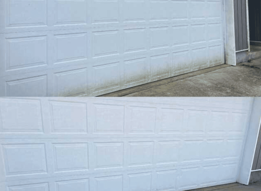 Before and after garage door cleaning showing green algae stains removed from white panels